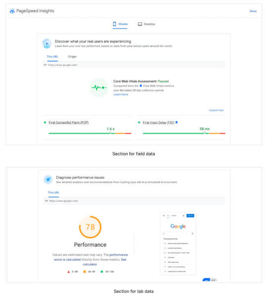 PageSpeed Insights dashboard