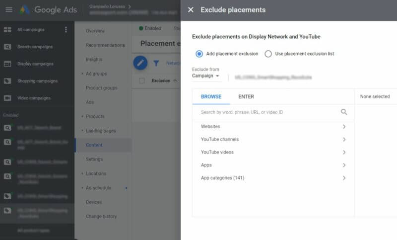 The “Exclude placements” menu in Google Ads.