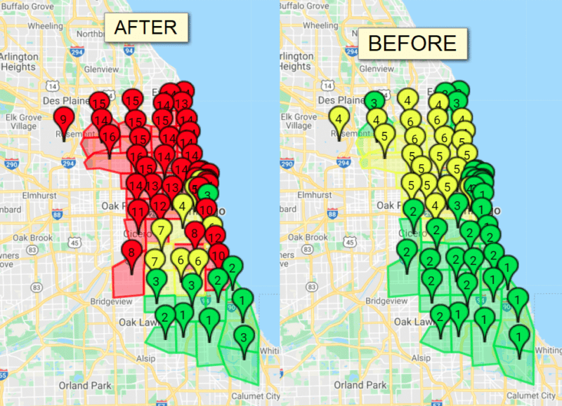 A before-and-after showing how a business with a keyword in its business name lost visibility after the "Vicinity update"