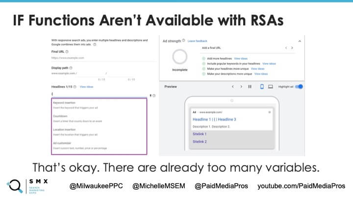 A slide describing the lack of IF functions in RSAs.