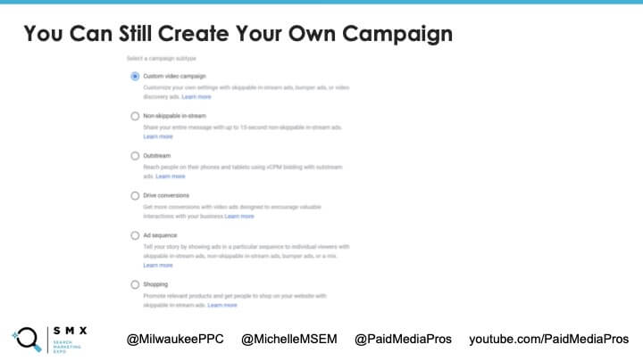 The "custom video campaign" option in Google Ads.