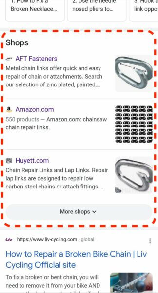 The Shops section in Google's mobile search results. 