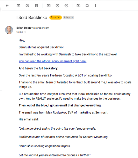 A screenshot of the email Brian Dean sent to Backlinko users.