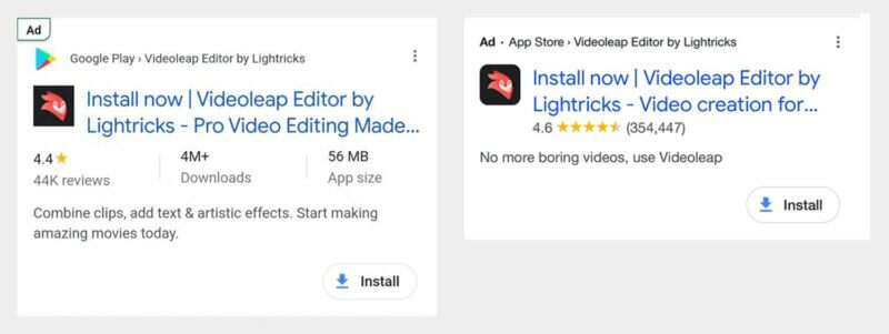 Google's experimental ad label side-by-side with its current ad label