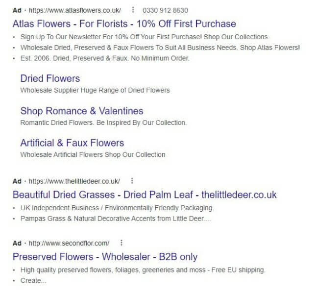 A screenshot of ads in Google that have bulleted lists