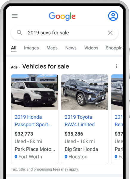 An example of vehicle ads in the Google search results