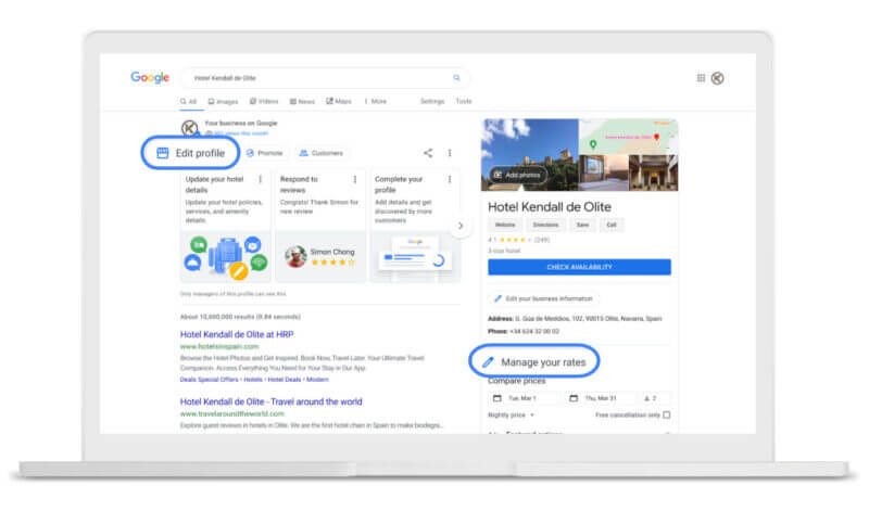 A screenshot of a Google Business Profile in search results, with the ability to edit rates
