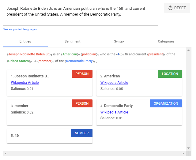 Entity analysis using the Google Natural Processing API.