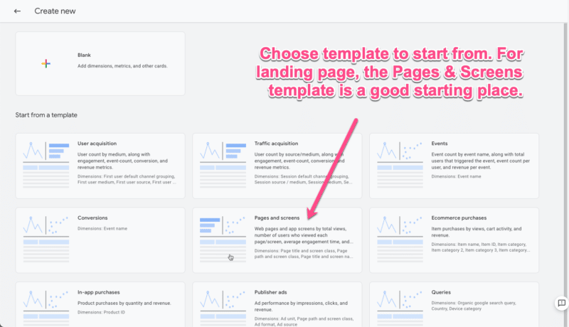 Steps for creating an SEO landing page report in GA4.