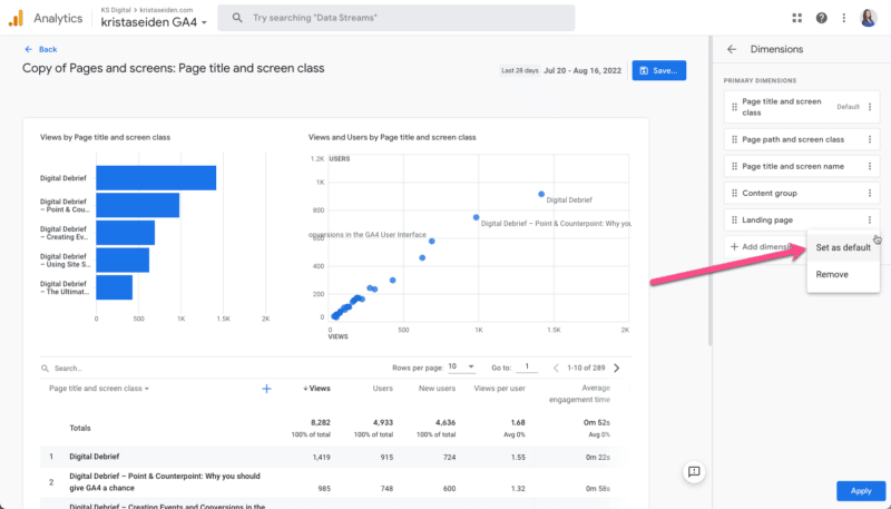 Steps for creating an SEO landing page report in GA4.