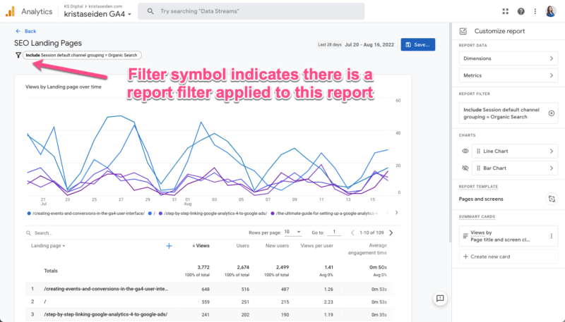 Steps for creating an SEO landing page report in GA4.