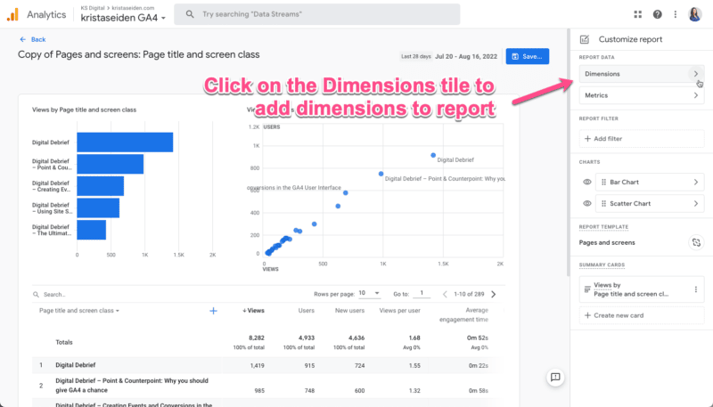 Steps for creating an SEO landing page report in GA4.