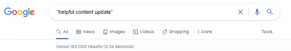 Google search for query "helpful content update" returns about 183,000 results.