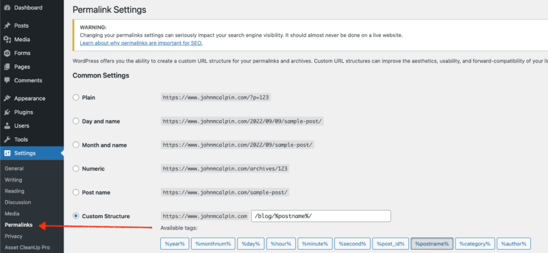 WordPress permalink settings.