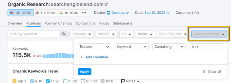 Semrush organic keywords advanced filters.