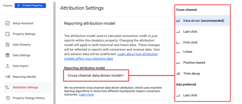 Google Analytics 4 Attribution Settings - Pre-defined models.