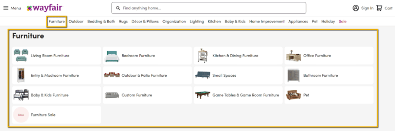 Wayfair sub-categories