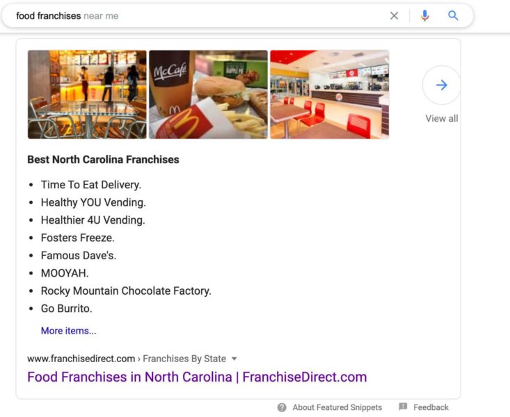 Featured snippets for "food franchises"
