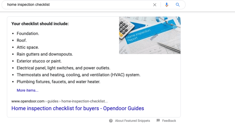 Featured snippet for "home inspection checklist"