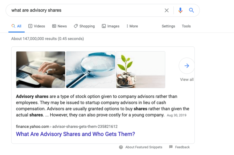 Featured snippet for "what are advisory shares"
