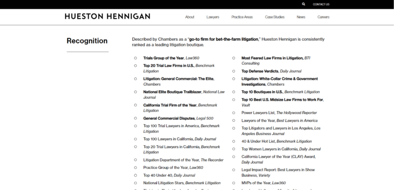 Hueston Hennigan Awards page