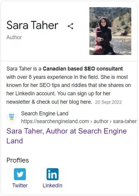 Sara Taher's knowledge panel shows that she's recognized as an SEO consultant.