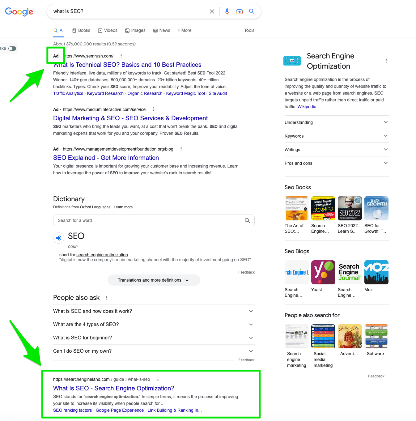 Screenshot of search engine results page for the term 